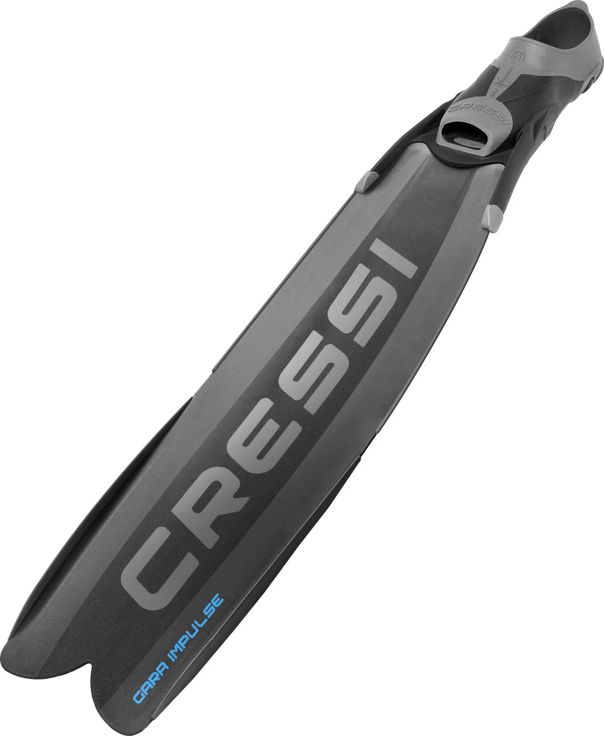 Rear view of Cressi Gara Turbo Impulse black long blade fins showing blade construction and foot pocket design.