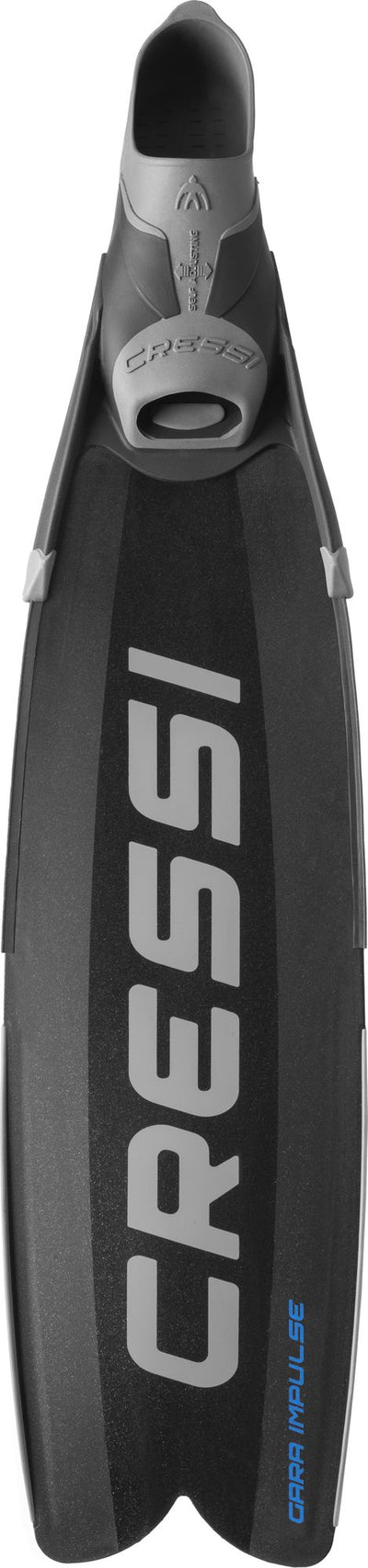 Cressi Gara Turbo Impulse black freediving fins, front view showing long blades, Cressi branding and full-foot pockets.