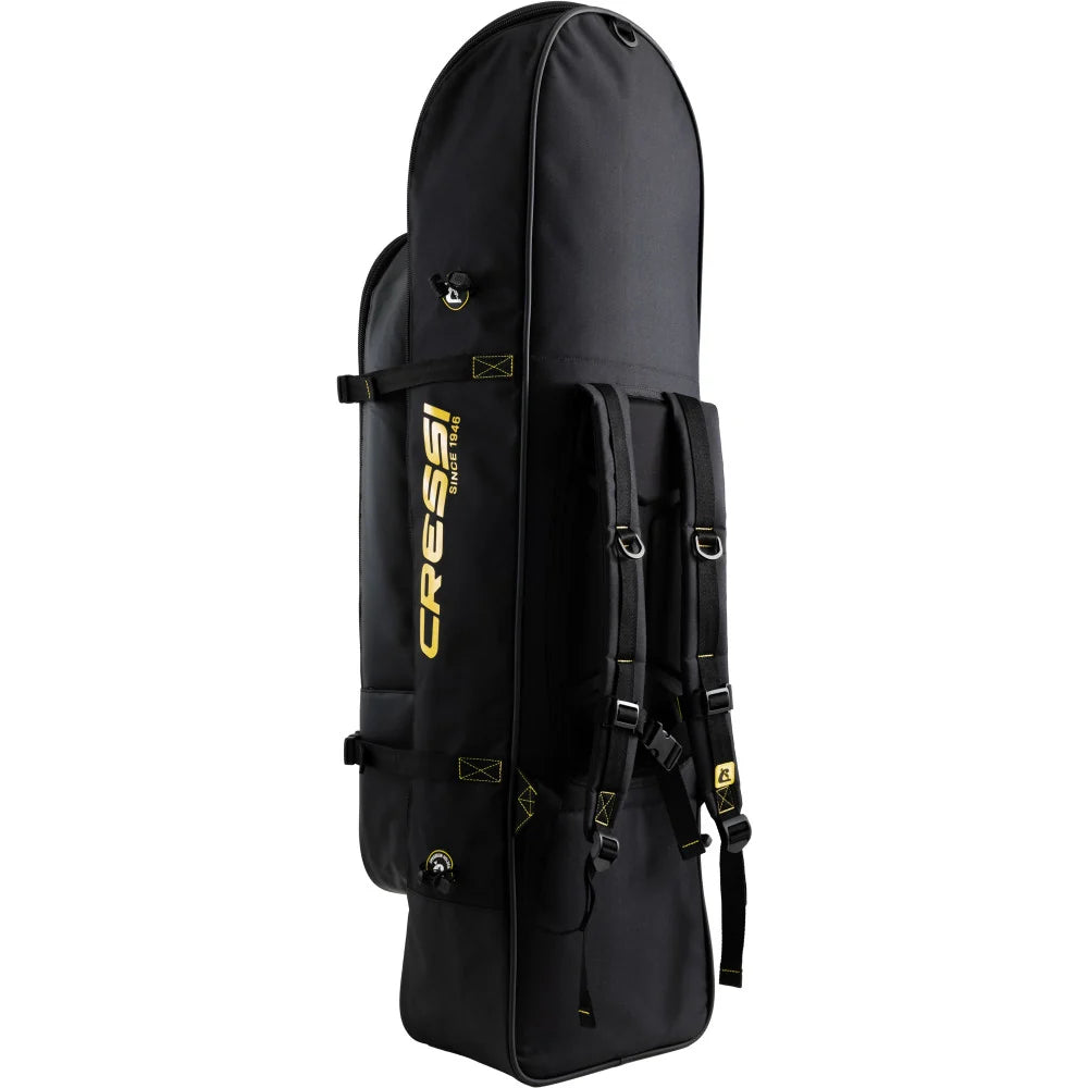 Back view of Cressi Piovra Dry long fins backpack showing adjustable shoulder straps and ergonomic carrying design for freediving gear.