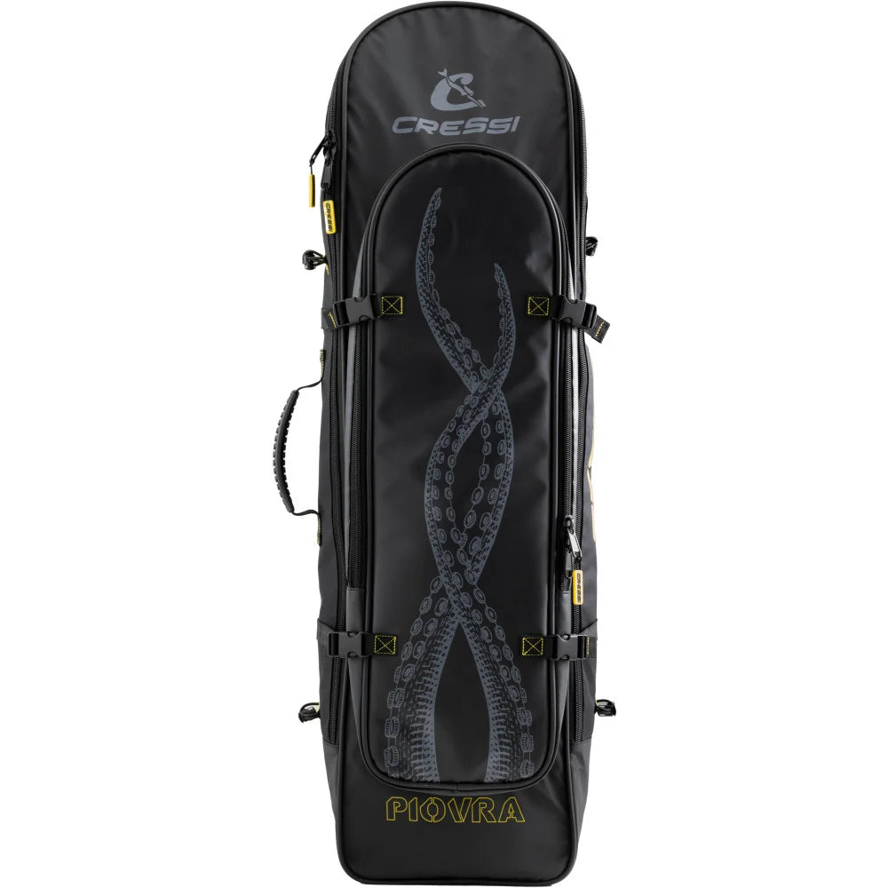 Front view of Cressi Piovra Dry black and yellow freediving fins backpack showing Cressi branding, insulated front pocket and elastic storage cord.