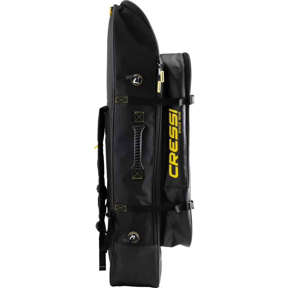 Side view of Cressi Piovra Dry water-repellent fins backpack showing long gear compartment, side handle and speargun attachment straps.