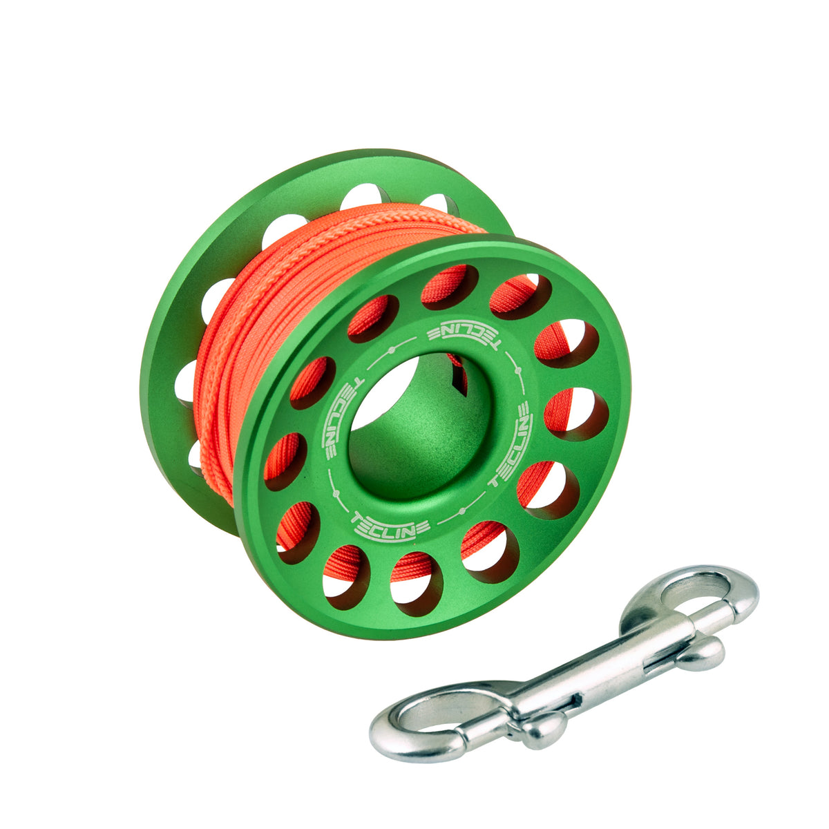Tecline aluminium spool, green, 30 m, with SS 90 mm snap