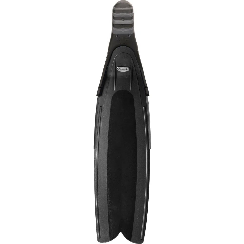 Back view of Cressi Gara Turbo Boost black long blade fins showing modular blade construction and foot pocket design.