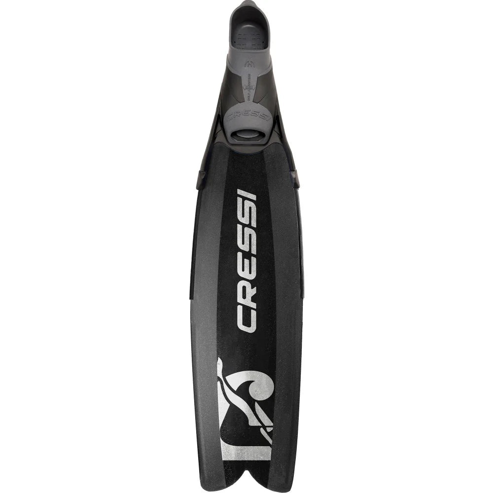 Front view of Cressi Gara Turbo Boost black freediving fins featuring long lightweight blades and full-foot pockets.