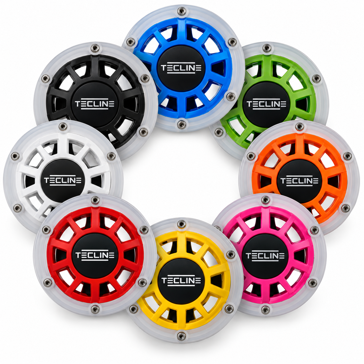 TECLINE round covers in eight colors displayed in a circular cluster on a white background.