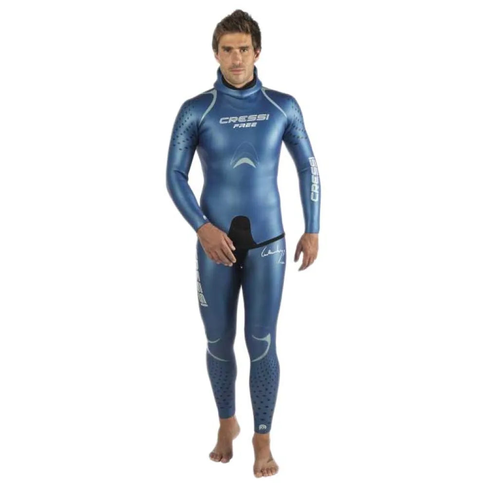 Cressi Free 3.5mm blue freediving wetsuit, front view showing long sleeves, high collar and Cressi branding.