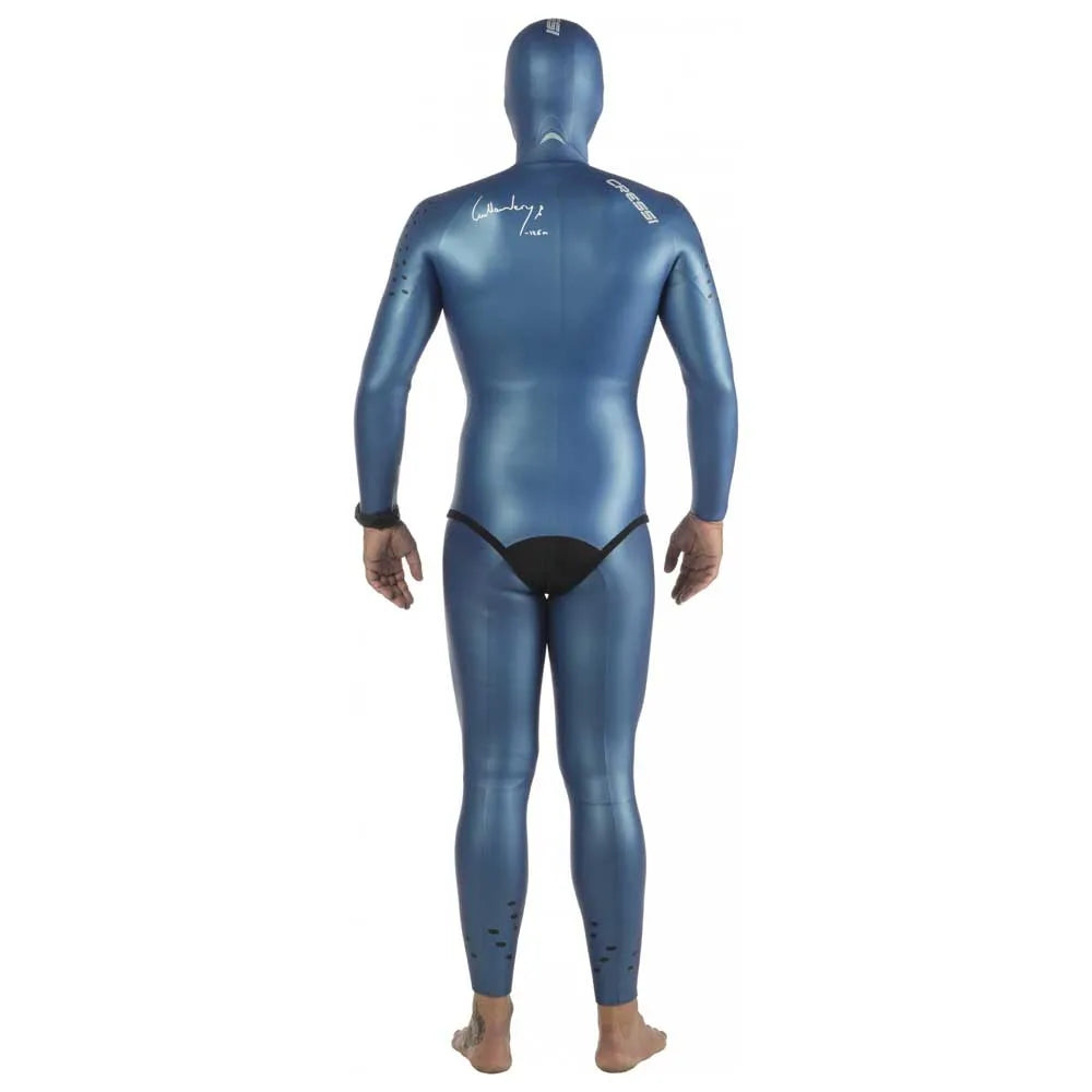 Cressi Free 3.5mm blue freediving wetsuit, rear view showing integrated hood and two-piece suit design.