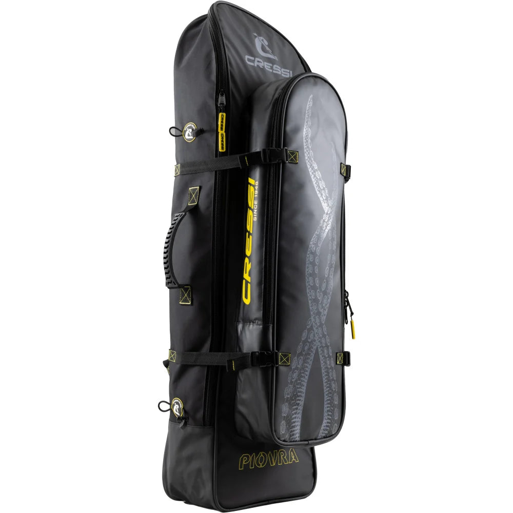 Side view of Cressi Piovra Dry water-repellent fins backpack showing long gear compartment, side handle and speargun attachment straps.