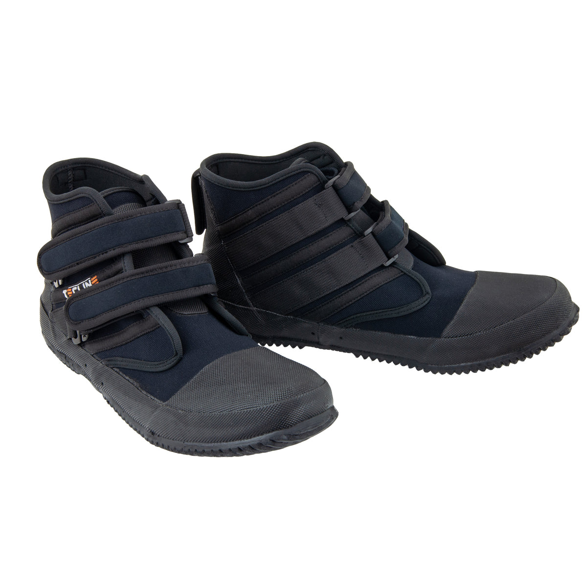 Pair-of black and gray high-top sneakers with strap details on a white background