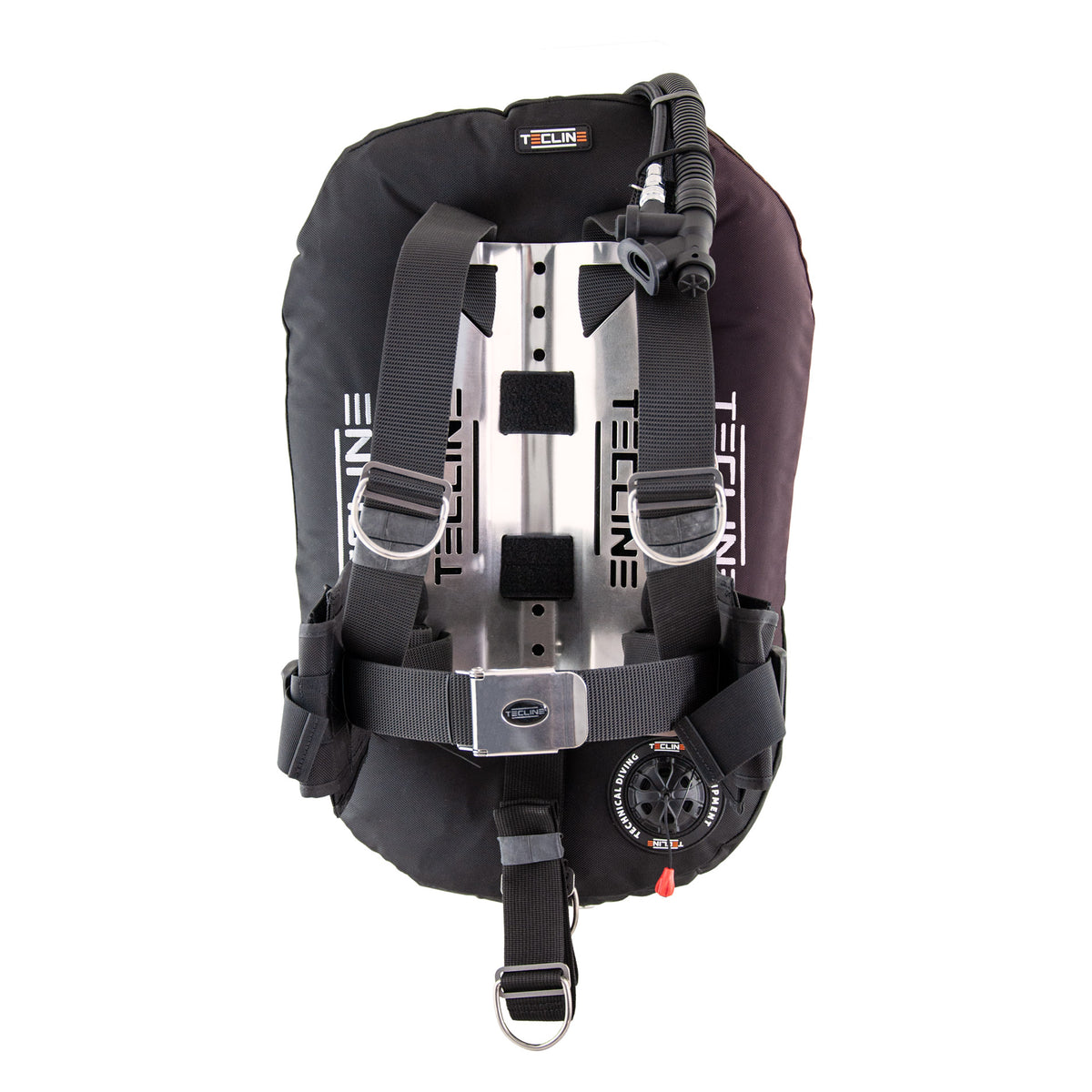A black Tecline ultra light travel set including a donut dir harness, aluminum backplate, trim and weight pockets, and tank belts for diving.